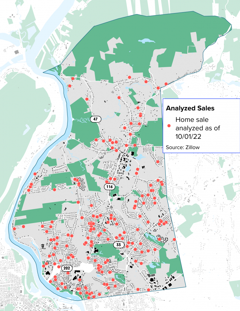 A map of South Hadley showing home sales shown on Zillow and analyzed by Outwith Studio.