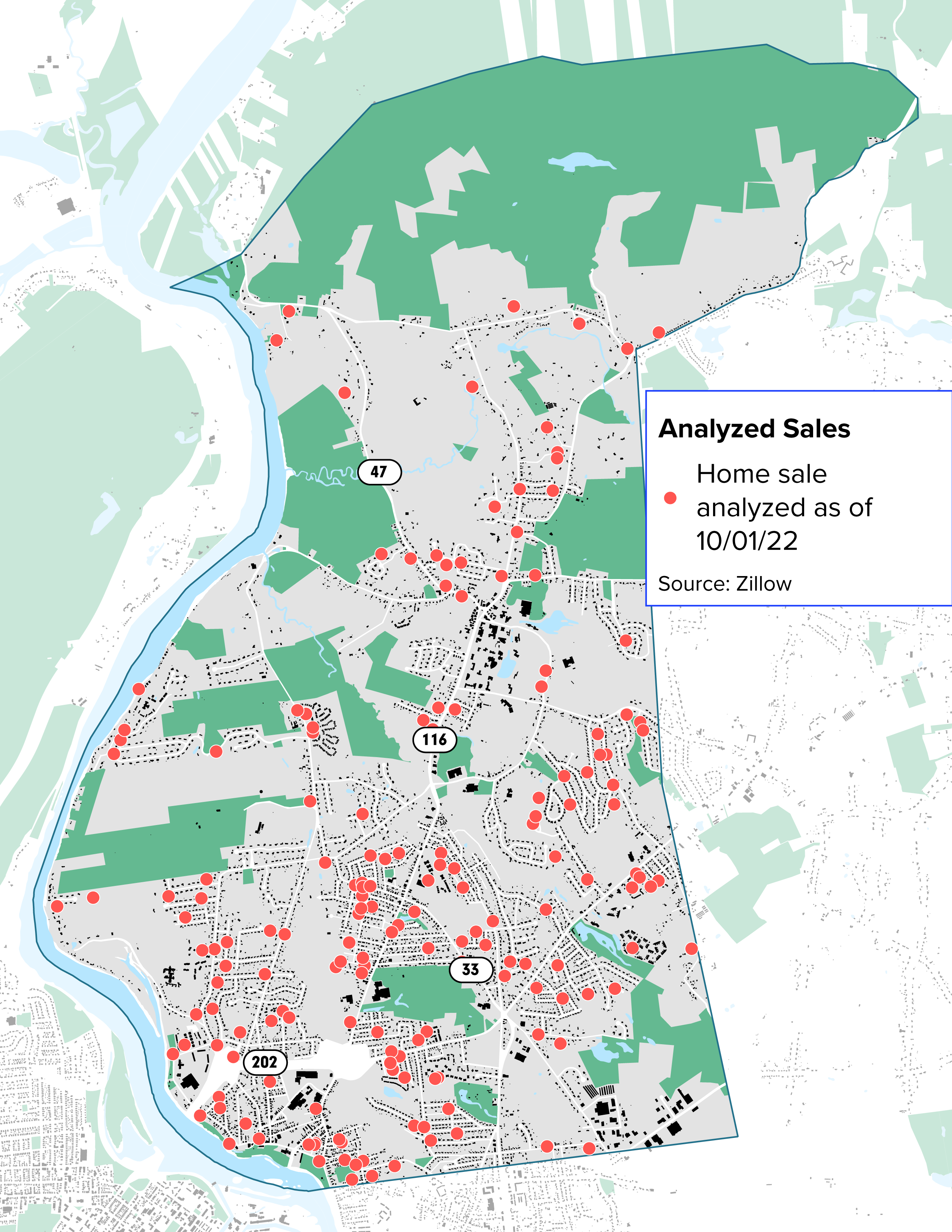 A map of South Hadley showing home sales shown on Zillow and analyzed by Outwith Studio.