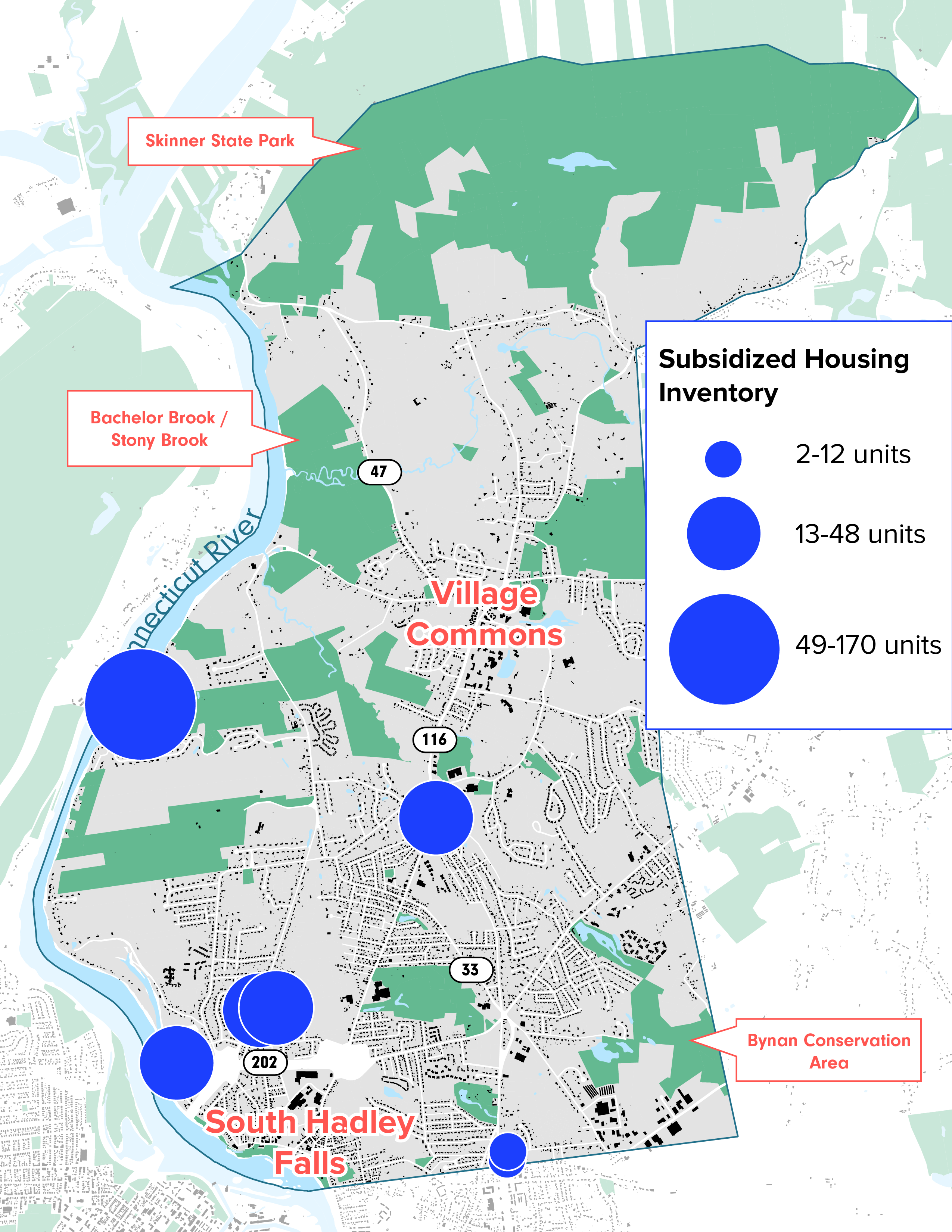 A map of South Hadley with homes on the town's Subsidized Housing Inventory mapped. The map shows units predominantly in the southern half of the town, with a cluster of multiple developments in and around South Hadley Falls